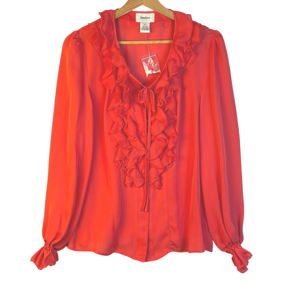 Neiman Marcus Women Long Sleeve Ruffle Silk Blouse M Coquette Regency Holidays